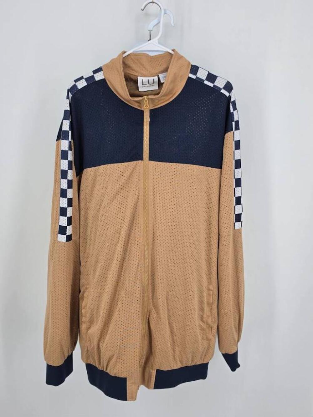 Linea Uomo Mens 3XL Tracksuit Set Tan Navy Mesh Jacket Jogger Pants Checkered